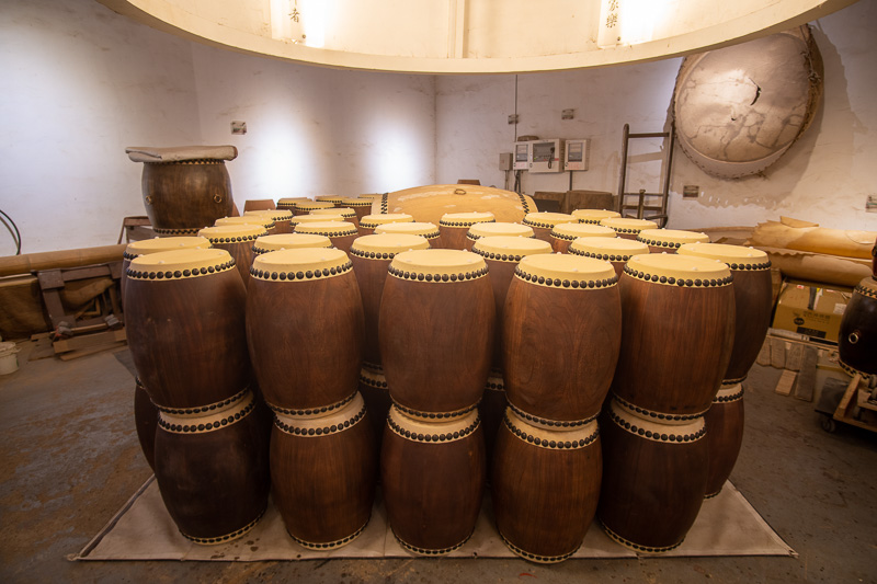 Several kinds of handmade drums on display.