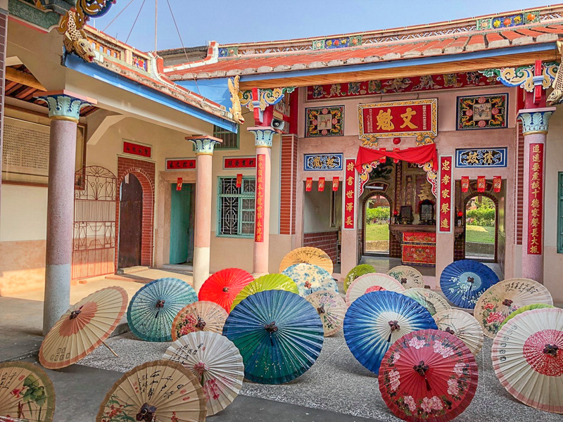 Oil-paper umbrellas on display in a traditional courtyard Meinong.