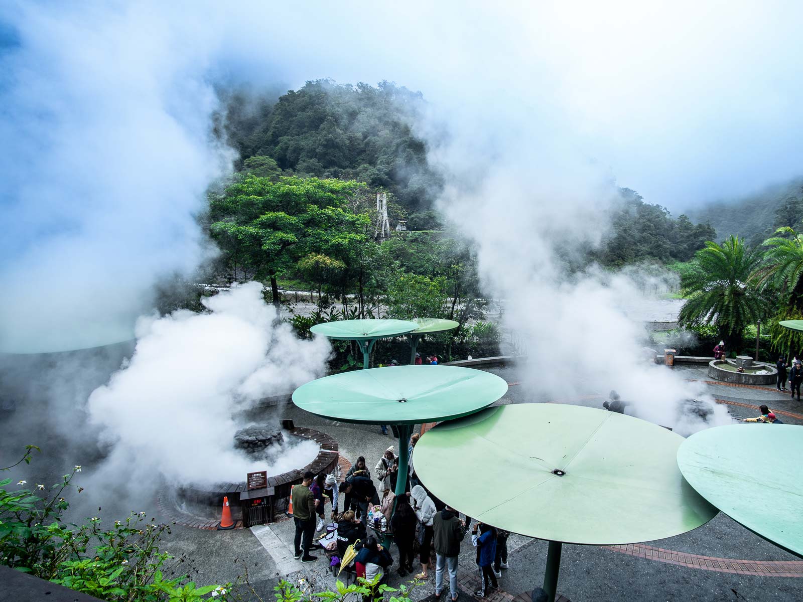 Steam rises from egg-boiling pools, obscuring the forest and valley in the background.
