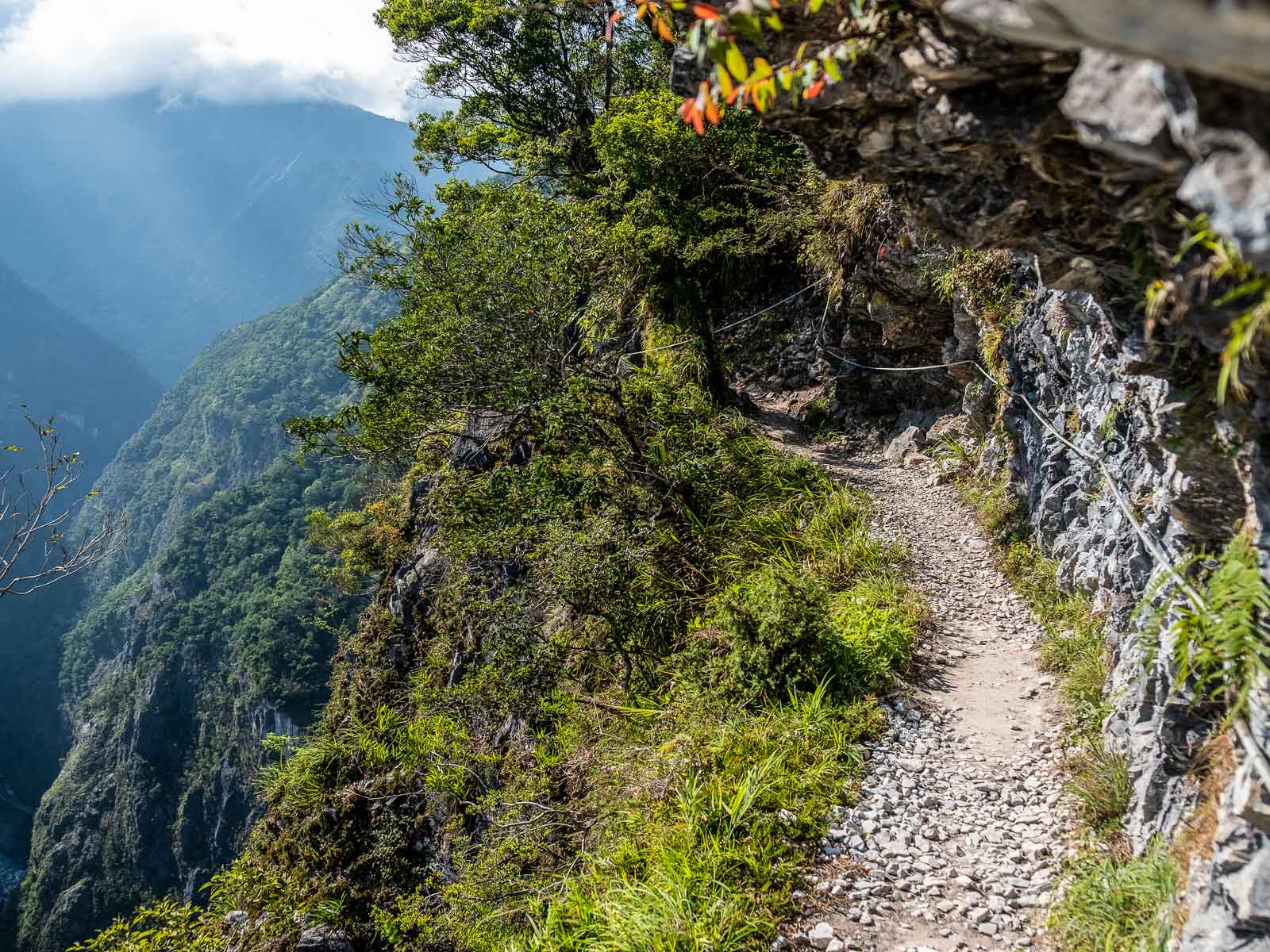 The narrow path of Zhuilu Old Trail traces a long thin ledge that has been carved into one of Taroko's cliff faces.