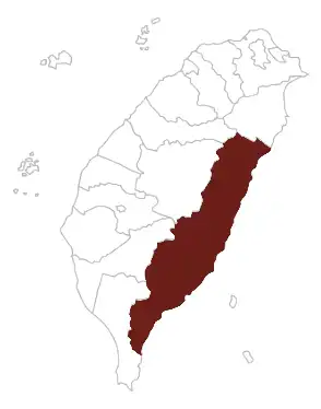 A map of Taiwan with Eastern Taiwan highlighted.