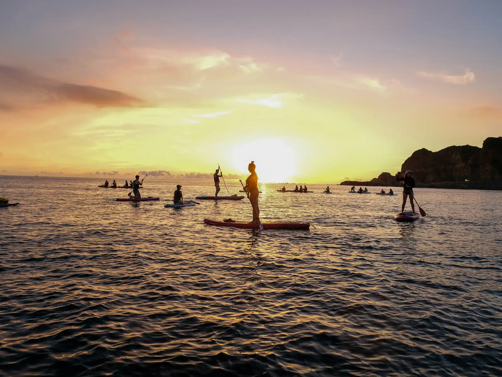 Several paddlers stand up on their paddleboards.