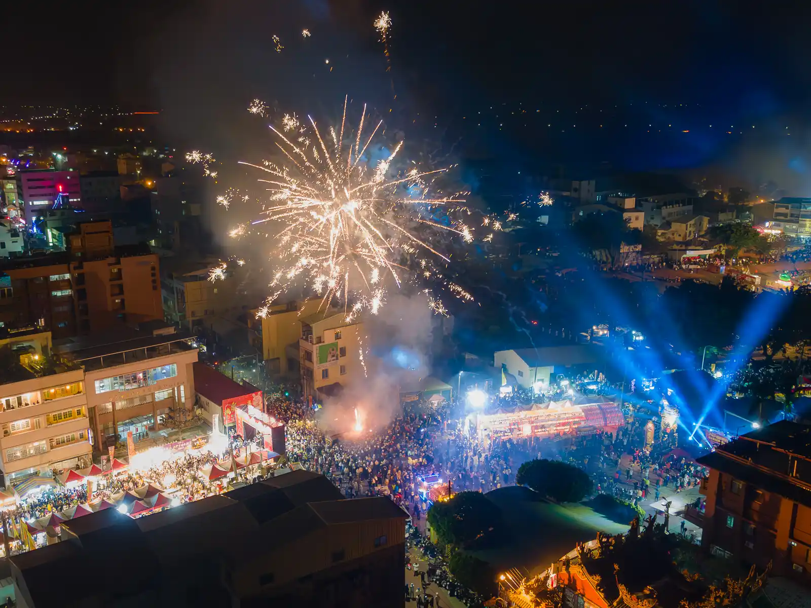 An aerial shot of the crowds and fireworks.