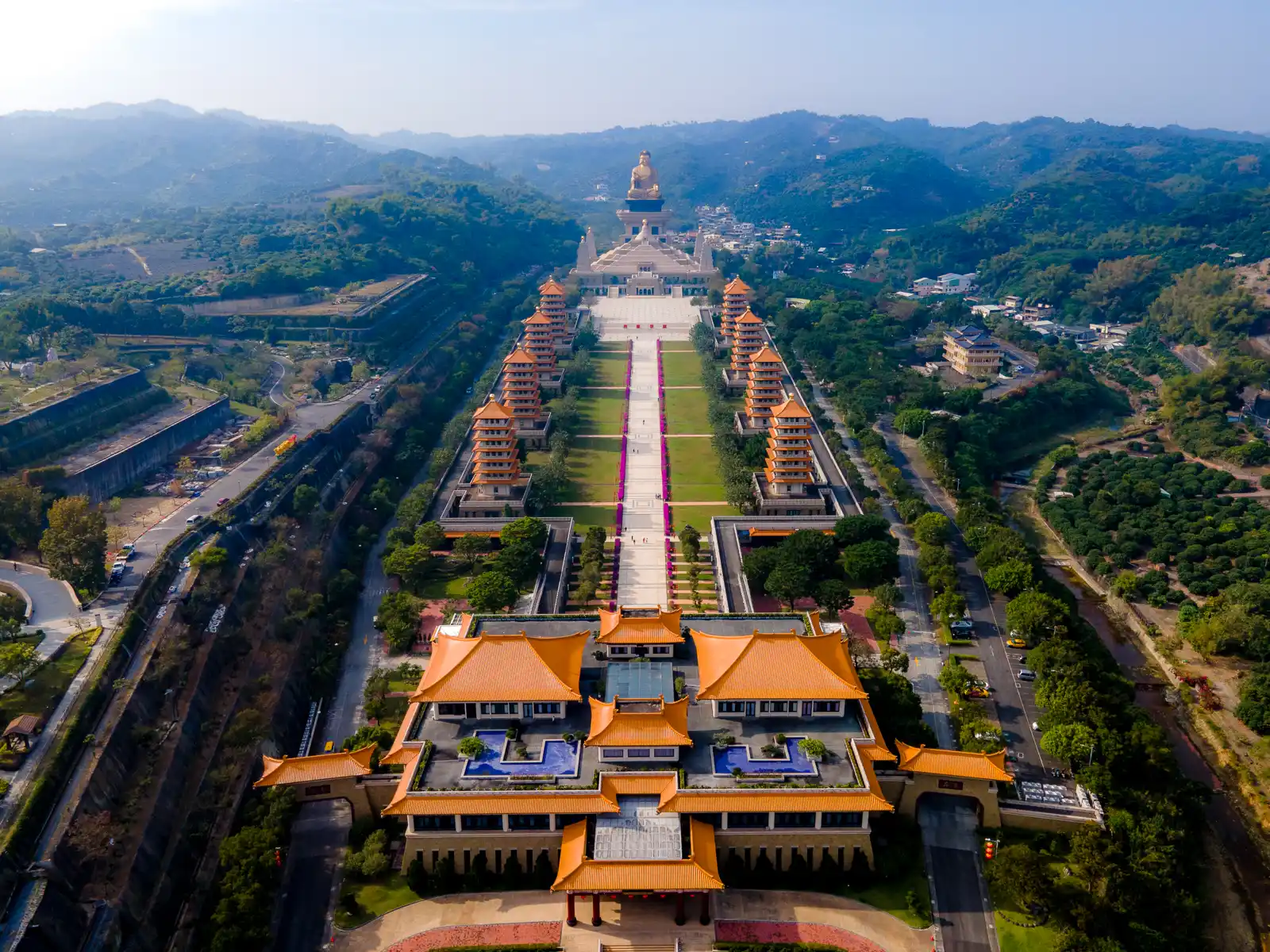 An aerial view of the Fo Guang Shan Buddha Museum, including the Front Hall, 8 Pagodas, Grand Photo Terrace, Main Hall, and Big Buddha.