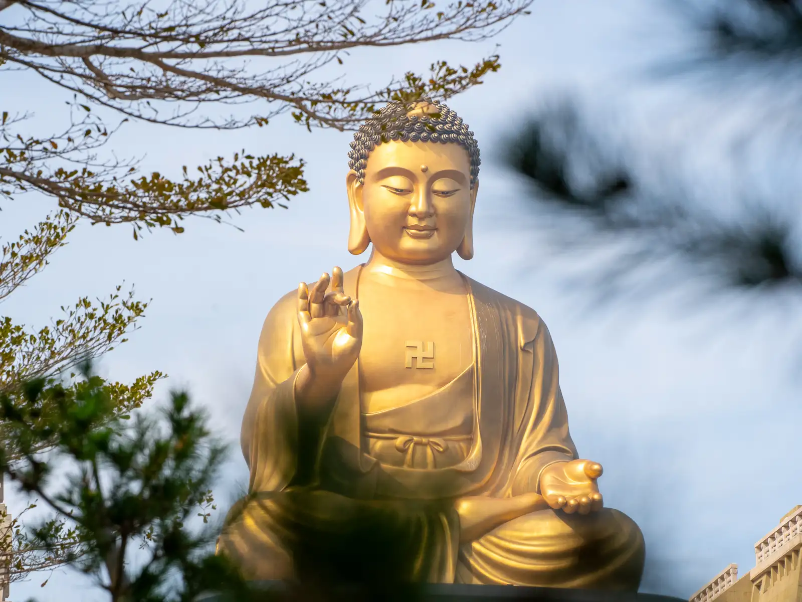 The Fo Guang Big Buddha sits cross-legged with his hands in a lotus mantra.