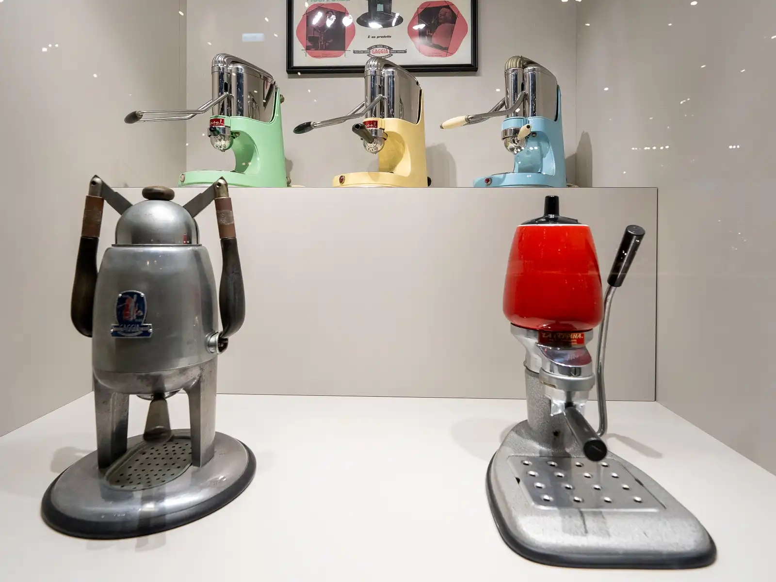 A group of colorful round vintage espresso machines are on display in a special exhibit at the National Museum of Natural Science in Taichung.