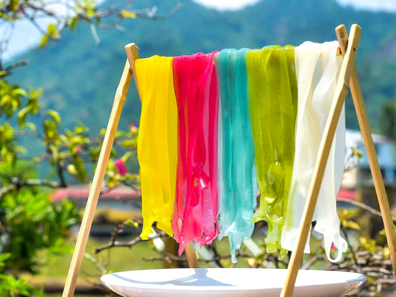 Five portions of noodles of various colors hangs above a plate.