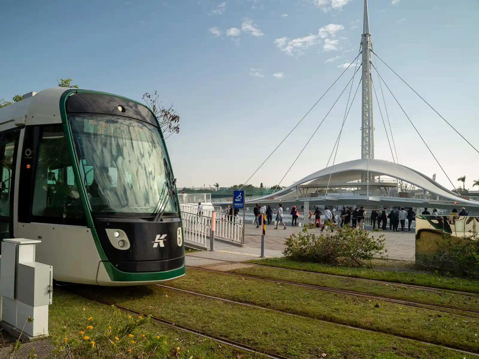 The front of a Light Rail carriage can be seen with the Great Harbor Bridge in the background.