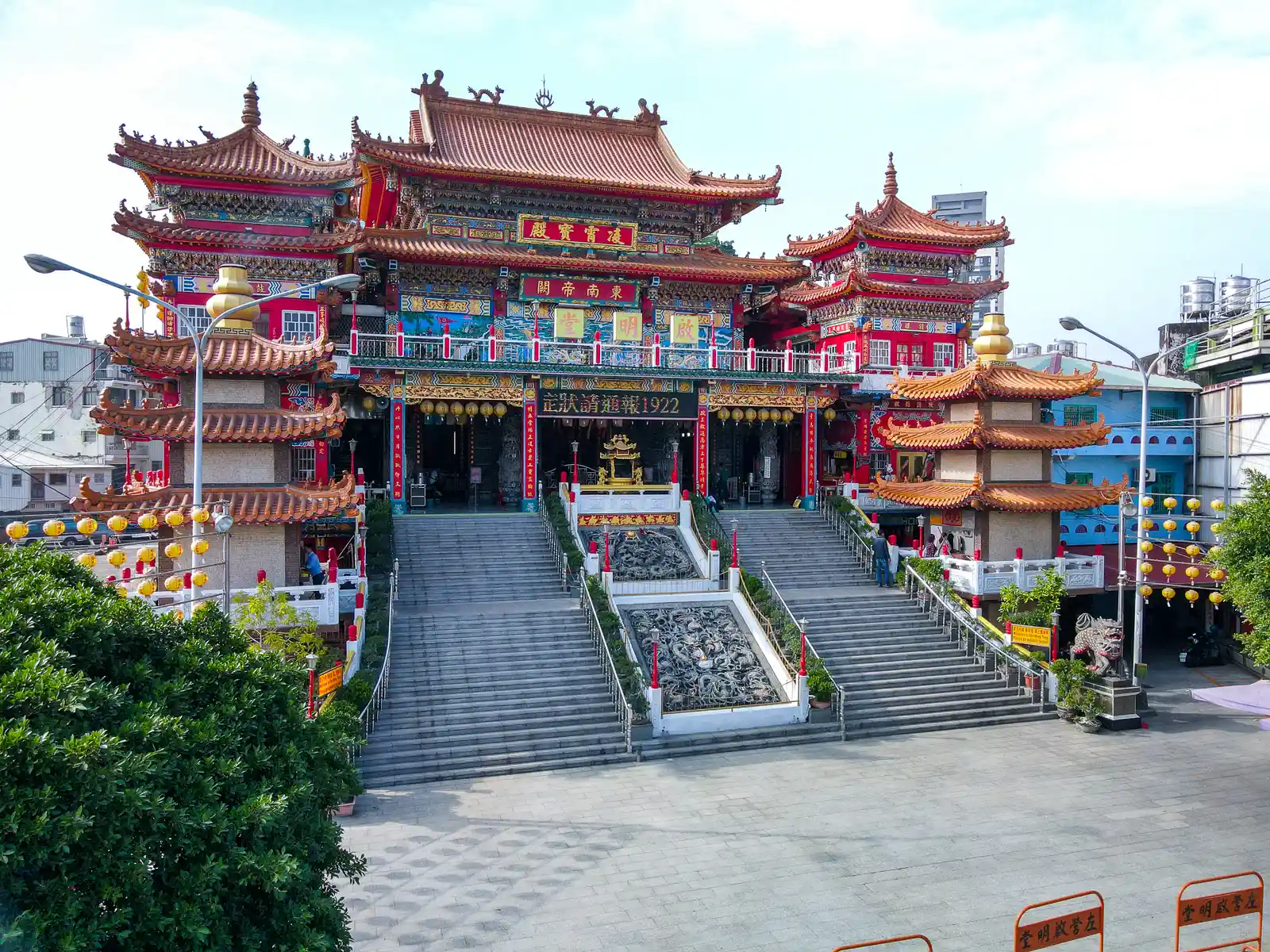 A beautifully decorated three-story temple.