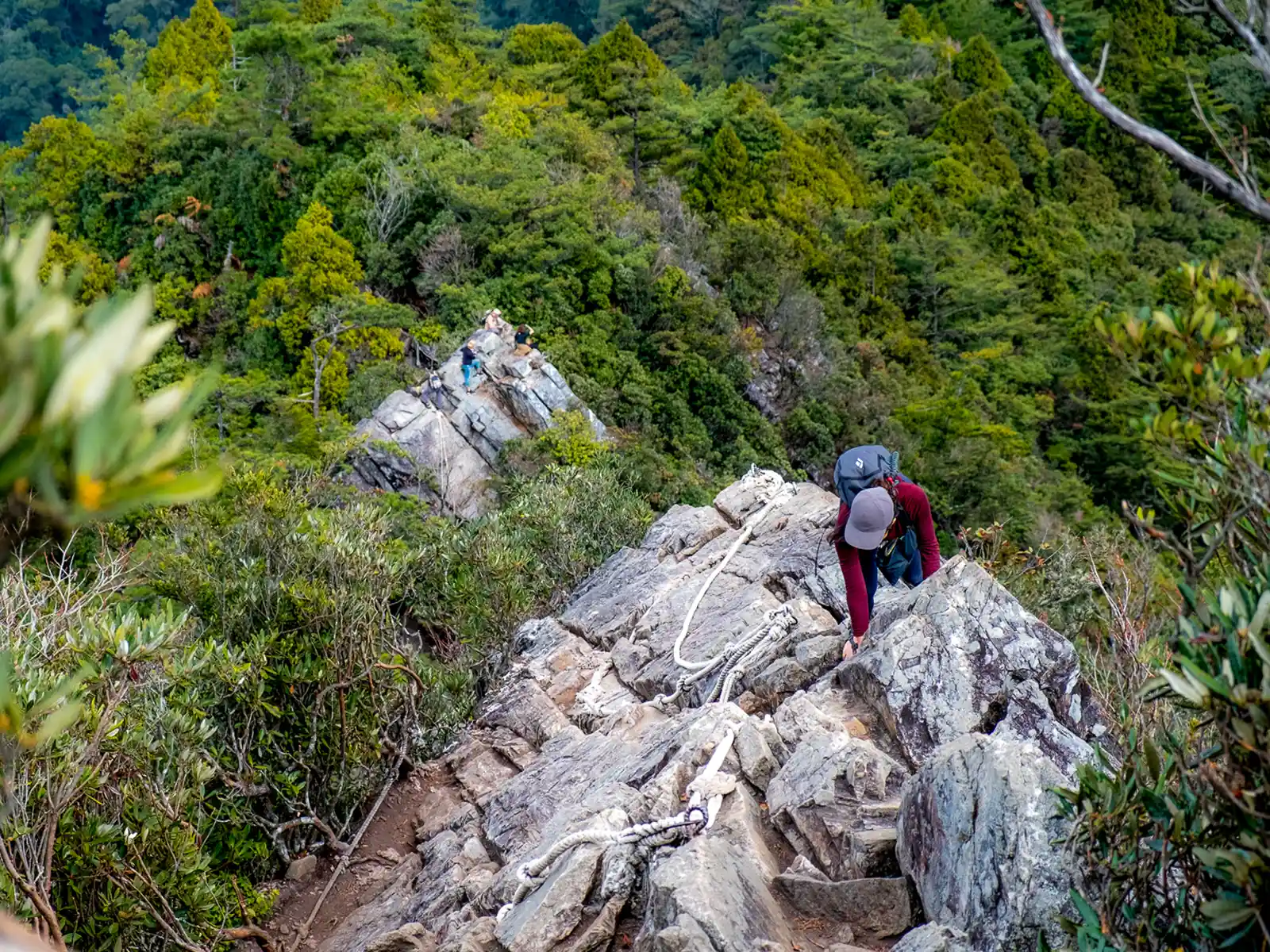 A steep and exposed climb is protected with ropes.