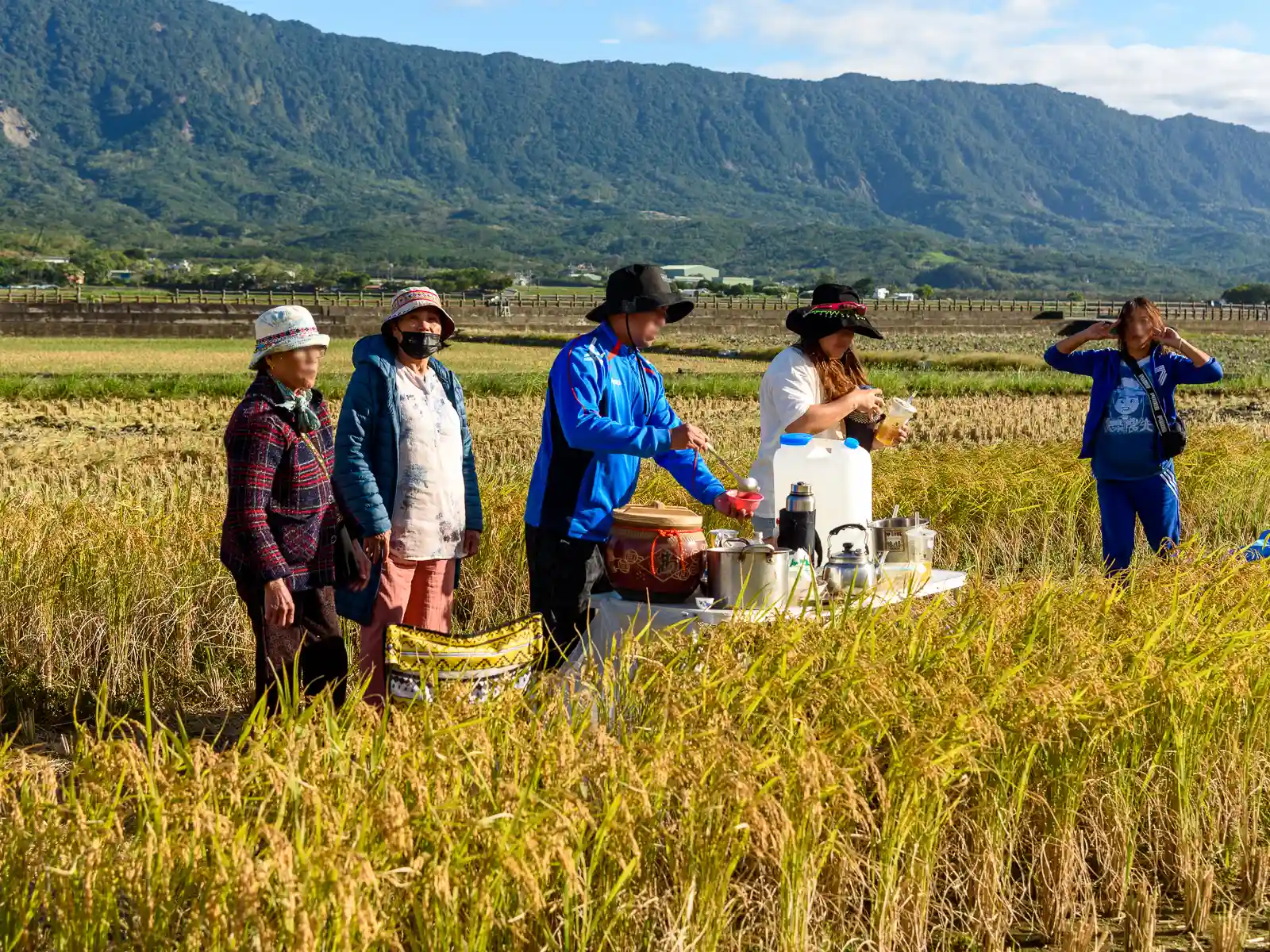 A family of farmers stands around a table with refreshments in the middle of a rice field.