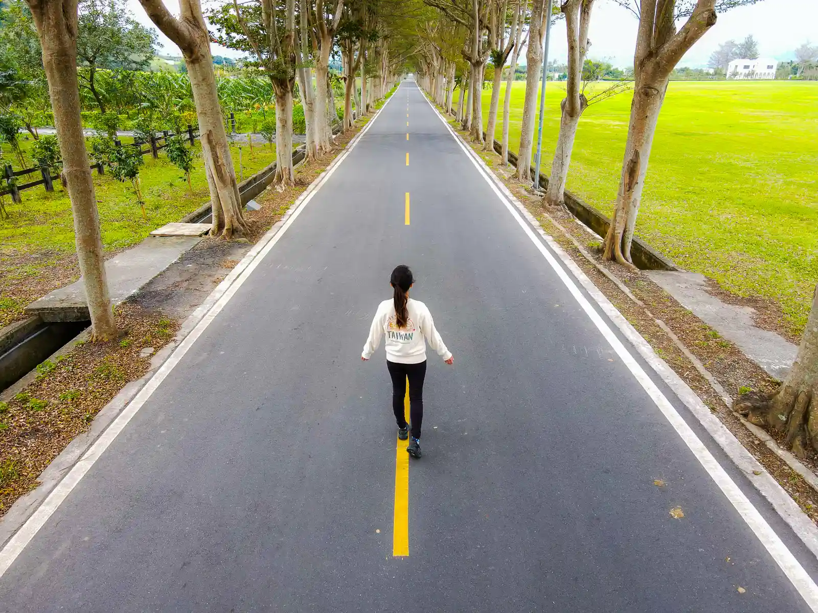 A tourist poses in the middle of an empty road—the Longtian Green Tunnel.