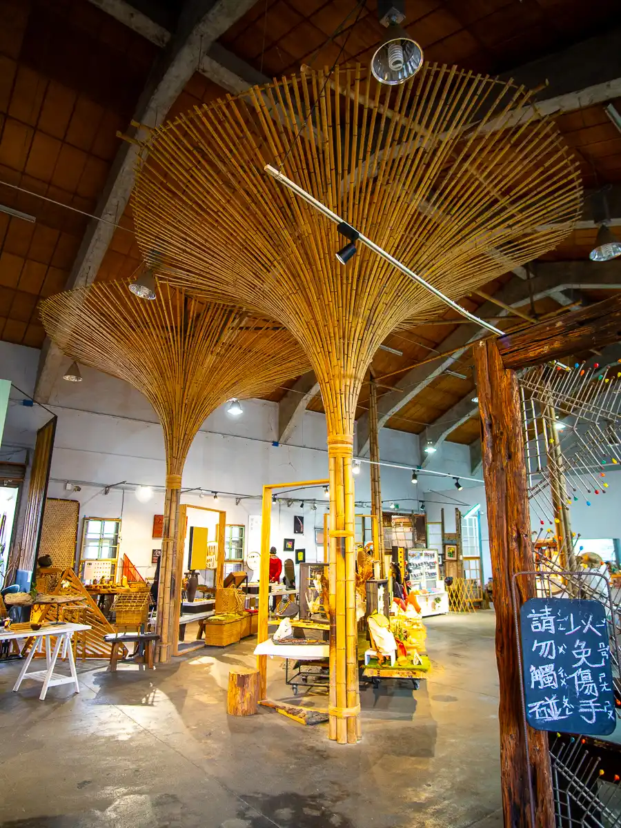 Bamboo structures decorate one of the indoor exhibition spaces.