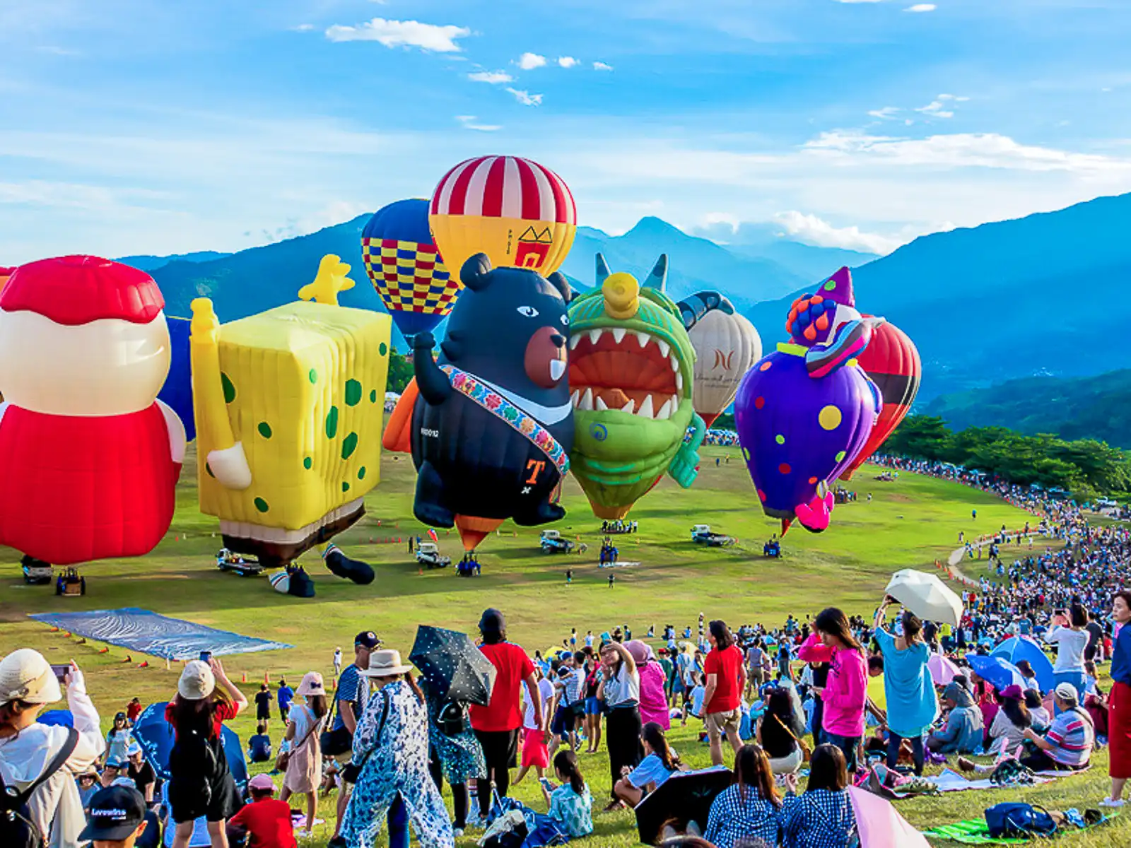 A crowd looks on as several themed balloons prepare for flight.