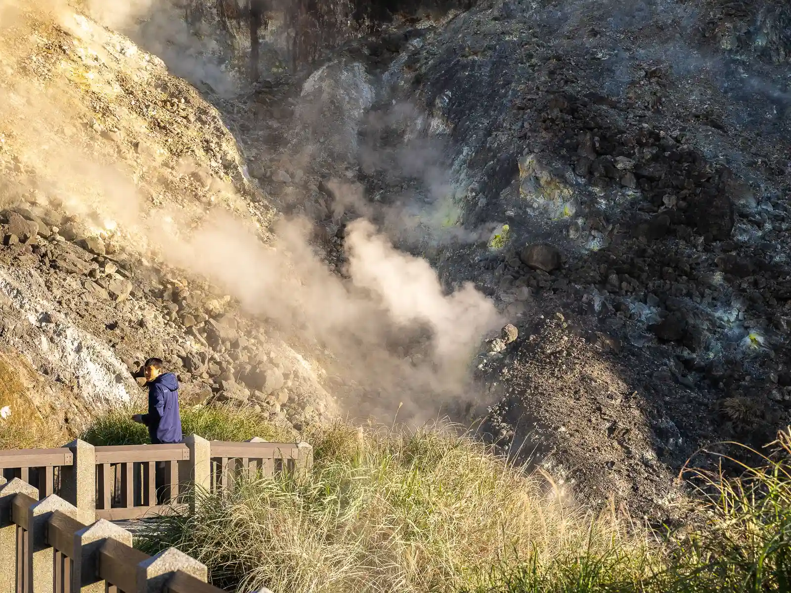 Steam rises from the sulfur pits at Xiaoyoukeng.